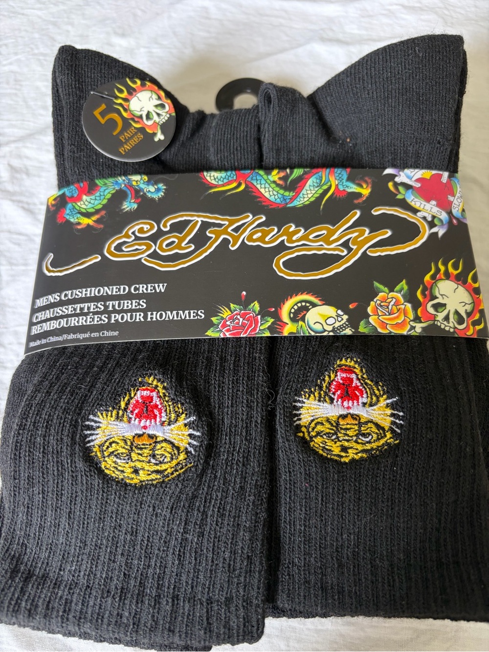 Ed Hardy Black Crew Socks with Embroidered Tiger Patch - Men’s 5 Pack